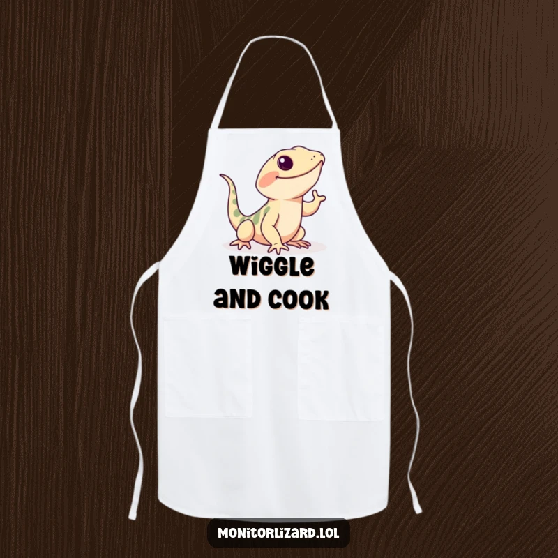 Funny monitor lizard apron featuring a playful lizard doing a happy wiggle with its tail, perfect for a fun cooking experience.