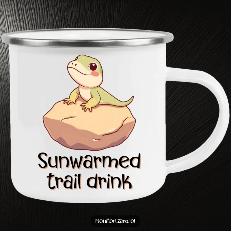 Funny Monitor Lizard Camping Mug: A cute monitor lizard character humorously sunbathes on a warm rock, ready for relaxed outdoor adventures.