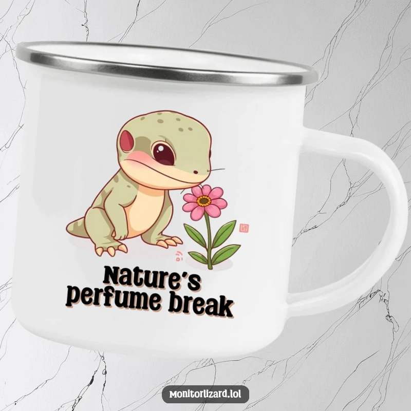 Funny monitor lizard camping mug with a curious reptile sniffing a tiny, colorful flower, perfect for enjoying drinks outdoors.