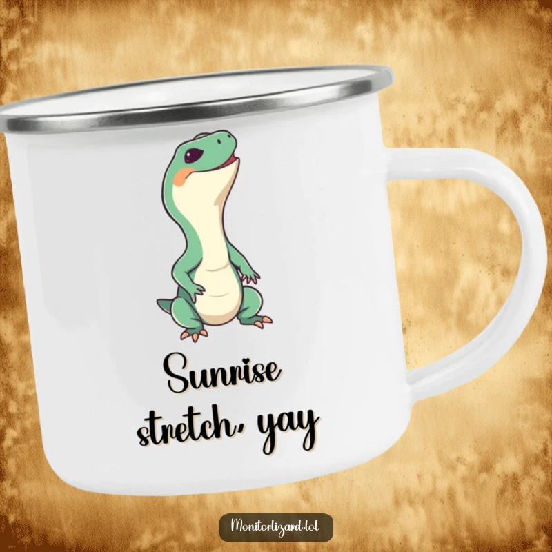 Funny monitor lizard camping mug with a happy reptile stretching its neck upwards with a big grin, perfect for outdoor enjoyment.
