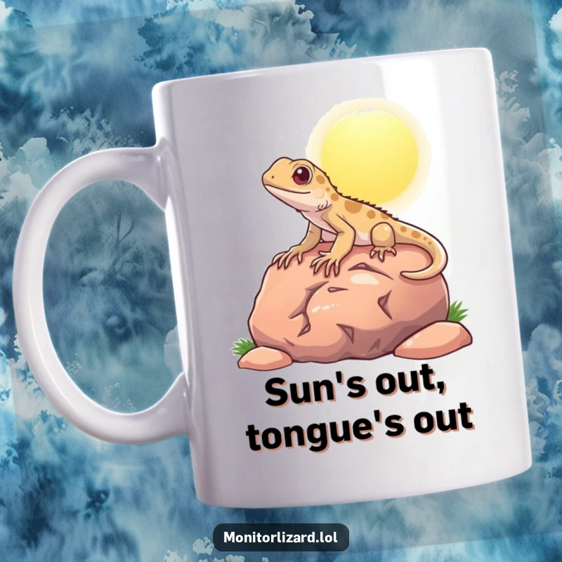 Funny mug featuring a content monitor lizard basking lazily on a sun-drenched rock, embodying ultimate relaxation.