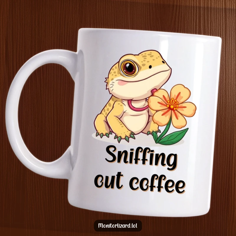 Funny monitor lizard mug showing a curious lizard flicking its tongue while examining a brightly colored flower.