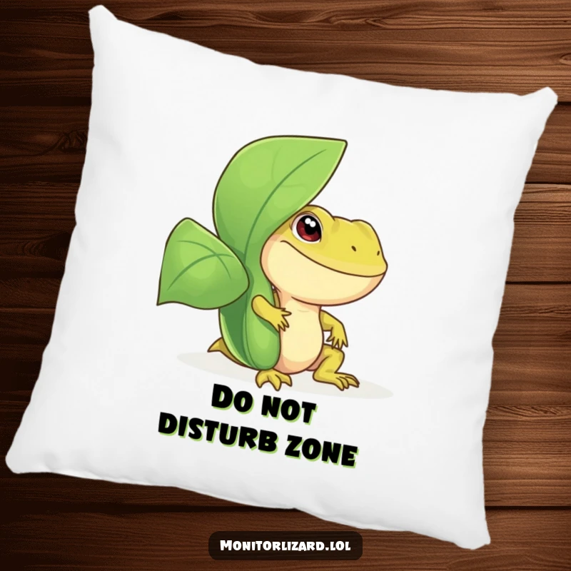 Funny monitor lizard pillow with a smiling reptile peeking playfully from behind a big, leafy green plant, perfect for adding comfort and humor.