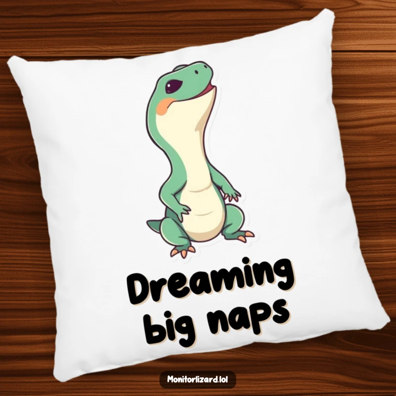Funny monitor lizard pillow with a happy reptile stretching its neck upwards with a big grin, perfect for adding comfort and cheer.
