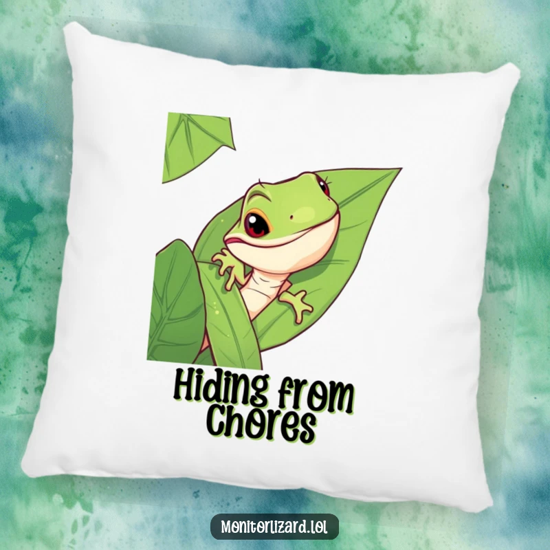 Funny monitor lizard pillow with a mischievous lizard peeking from behind a large jungle leaf, adding comfort and intrigue.