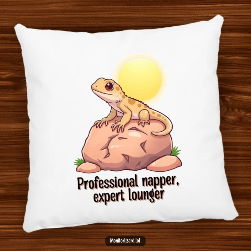Funny pillow featuring a content monitor lizard relaxing on a sun-warmed rock, adding comfort and humor to any space.