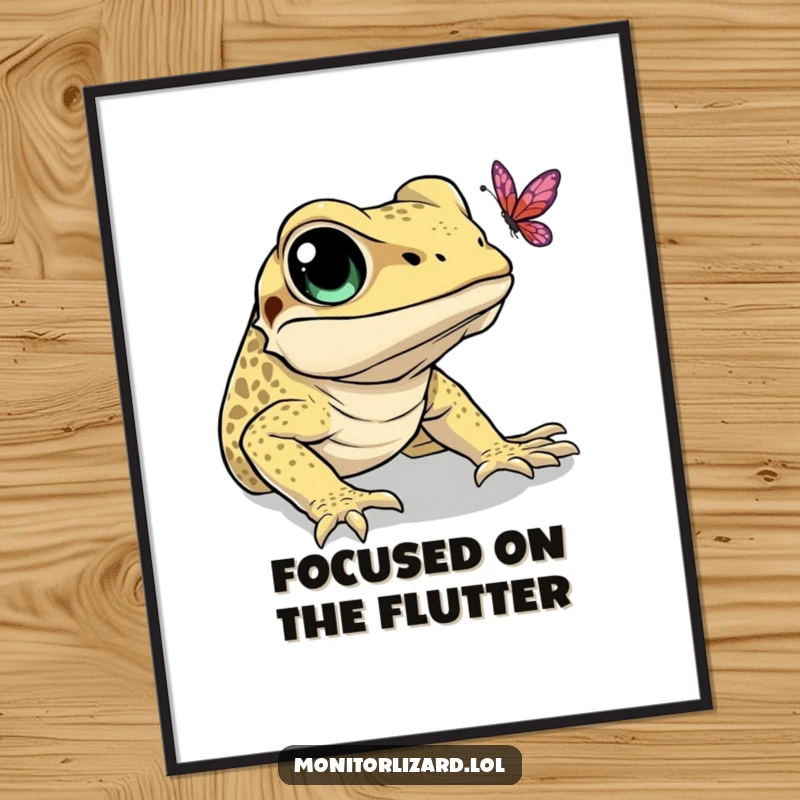 Funny digital art print of a monitor lizard comically trying to catch a butterfly, offering whimsical charm.