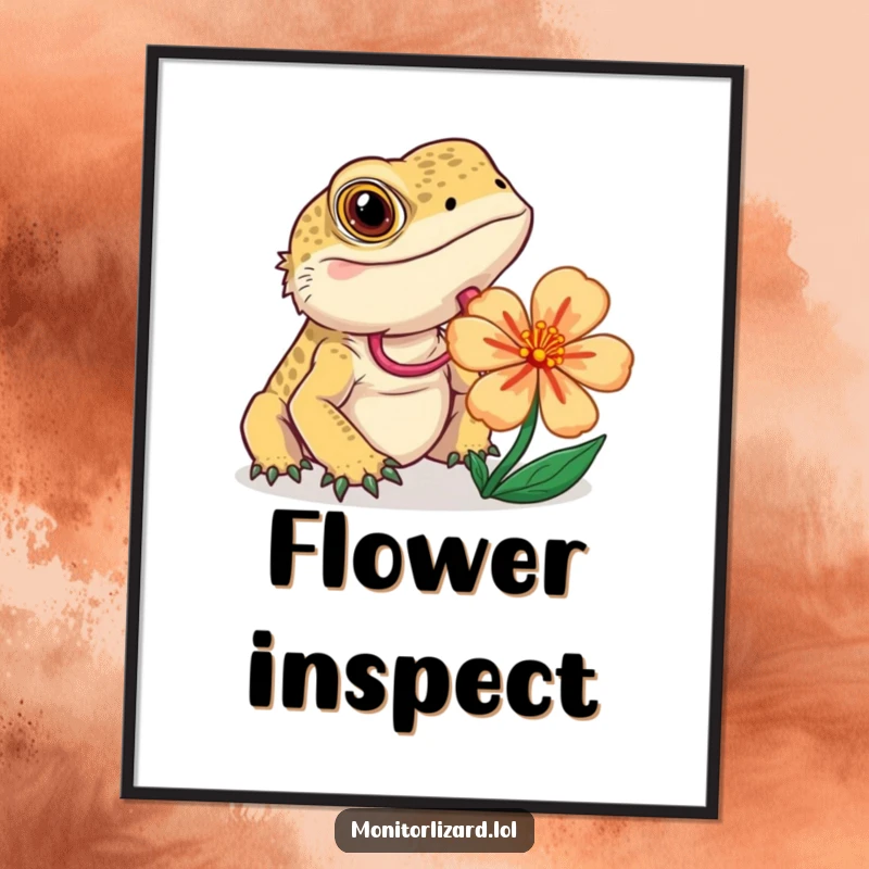 Funny monitor lizard digital art print of a curious lizard flicking its tongue while examining a colorful flower, ready for download.