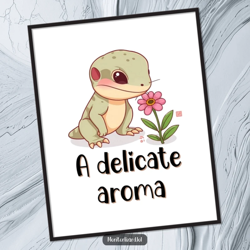 Funny monitor lizard digital art print of a curious reptile sniffing a tiny, colorful flower, ideal for adding a natural and humorous touch.
