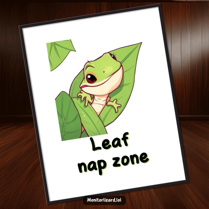 Funny monitor lizard digital art print of a mischievous lizard peeking from behind a large jungle leaf, ready for download.