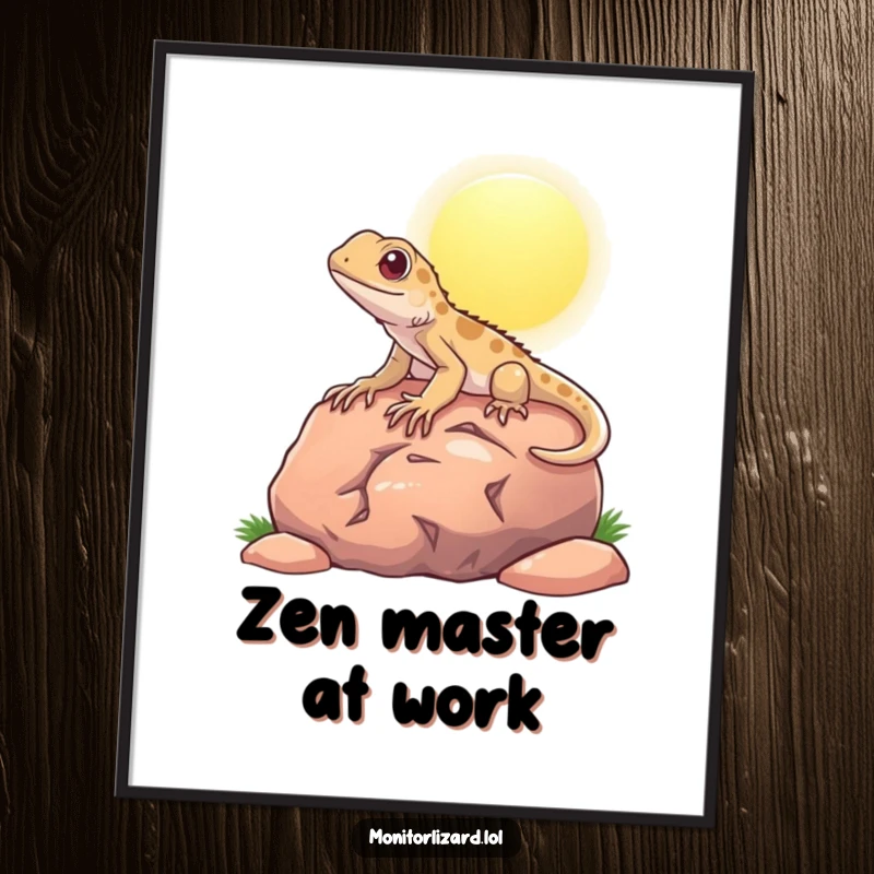 Funny digital art print of a content monitor lizard basking on a rock, offering charming reptilian humor for any display.