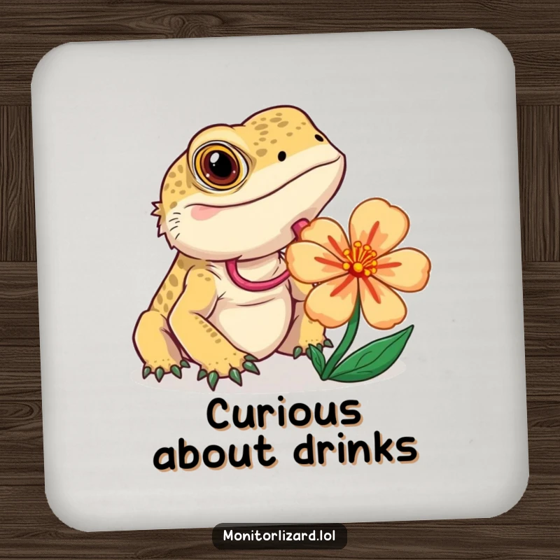 Funny monitor lizard coaster showing a curious lizard flicking its tongue while examining a colorful flower, protecting surfaces.