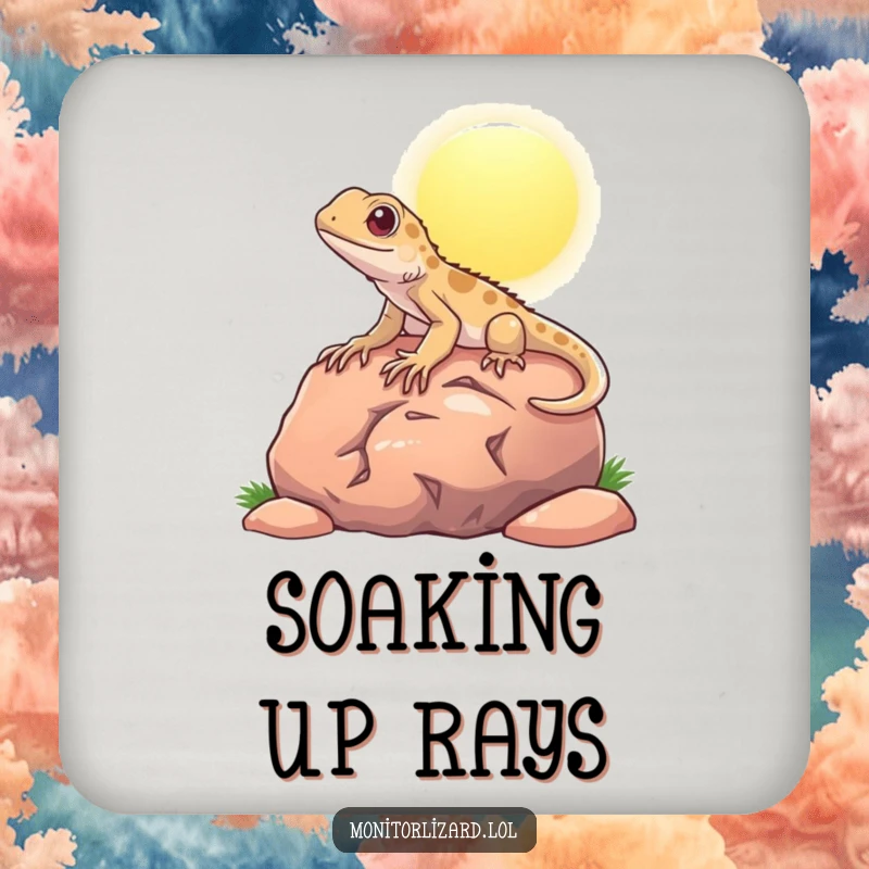 Funny drink coaster featuring a content monitor lizard basking on a rock, protecting surfaces with reptilian humor.