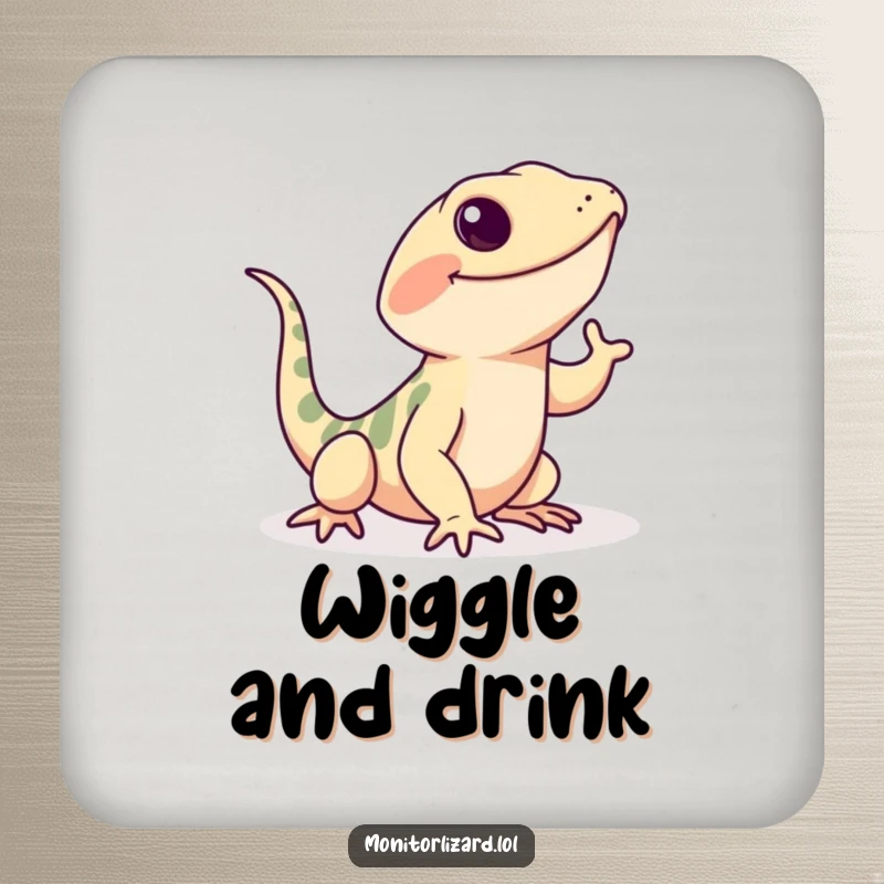 Funny monitor lizard coaster featuring a playful lizard doing a happy wiggle with its tail, protecting surfaces.