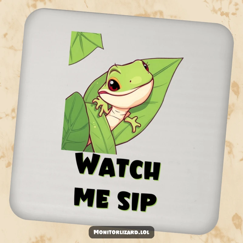 Funny monitor lizard coaster showing a mischievous lizard peeking from behind a jungle leaf, protecting surfaces with style.