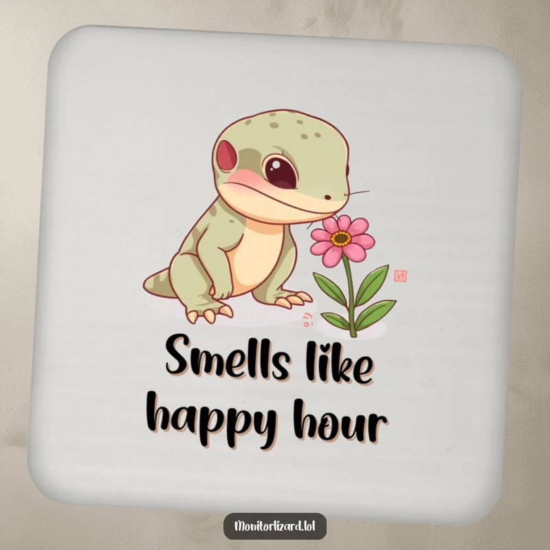 Funny monitor lizard coaster featuring a curious reptile sniffing a tiny, colorful flower, protecting surfaces with natural charm and humor.