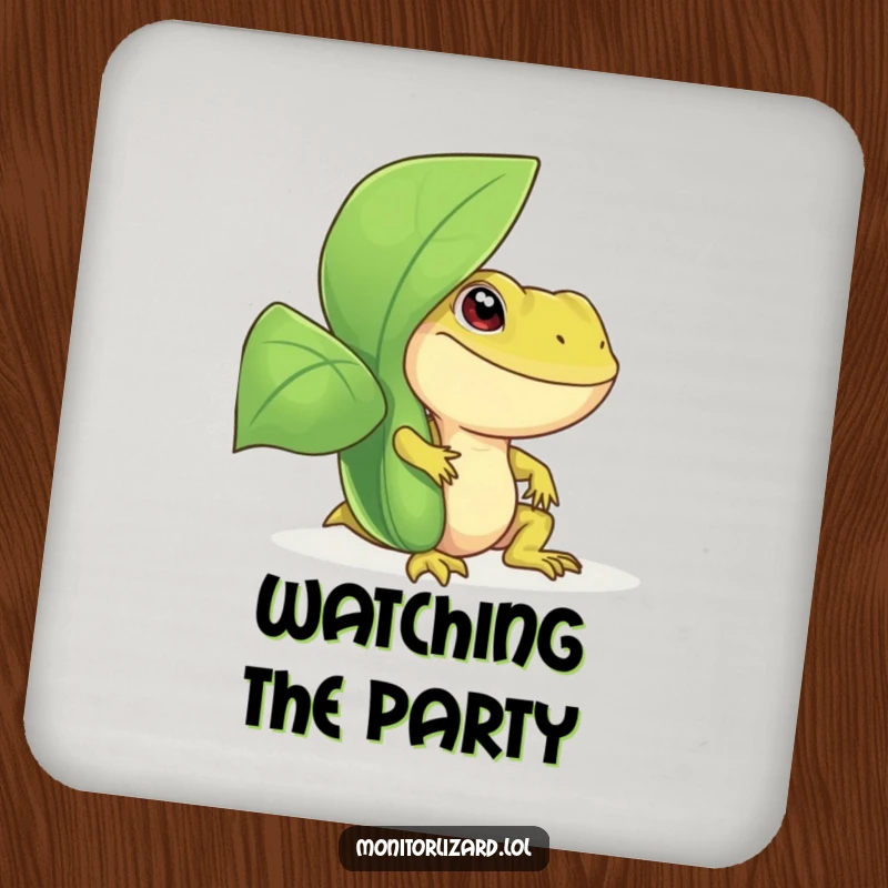 Funny monitor lizard coaster featuring a smiling reptile peeking from behind a leafy plant, protecting surfaces with reptilian charm and humor.