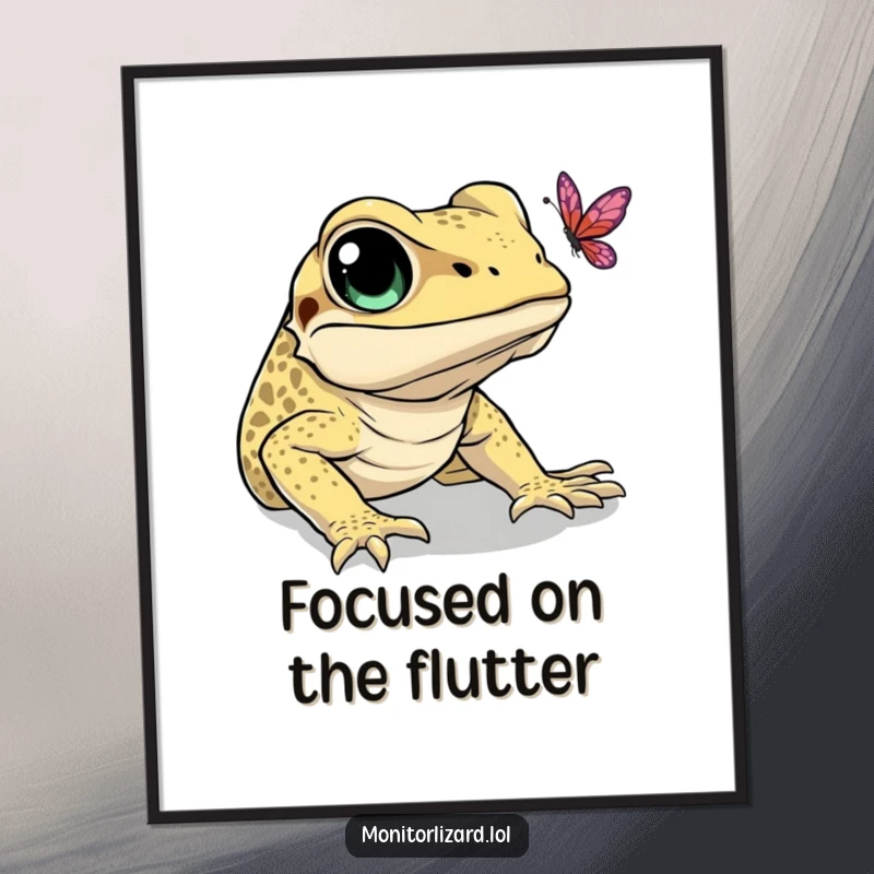 Funny poster of a monitor lizard with big eyes, comically reaching for a passing butterfly. Whimsical wall art.