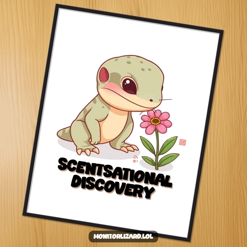 Funny monitor lizard poster showcasing a curious reptile sniffing a tiny, colorful flower, perfect for adding artistic flair to any room.