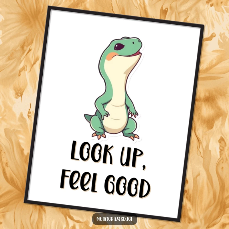 Funny monitor lizard poster capturing a happy reptile stretching its neck upwards with a big grin, perfect for cheerful wall decor.