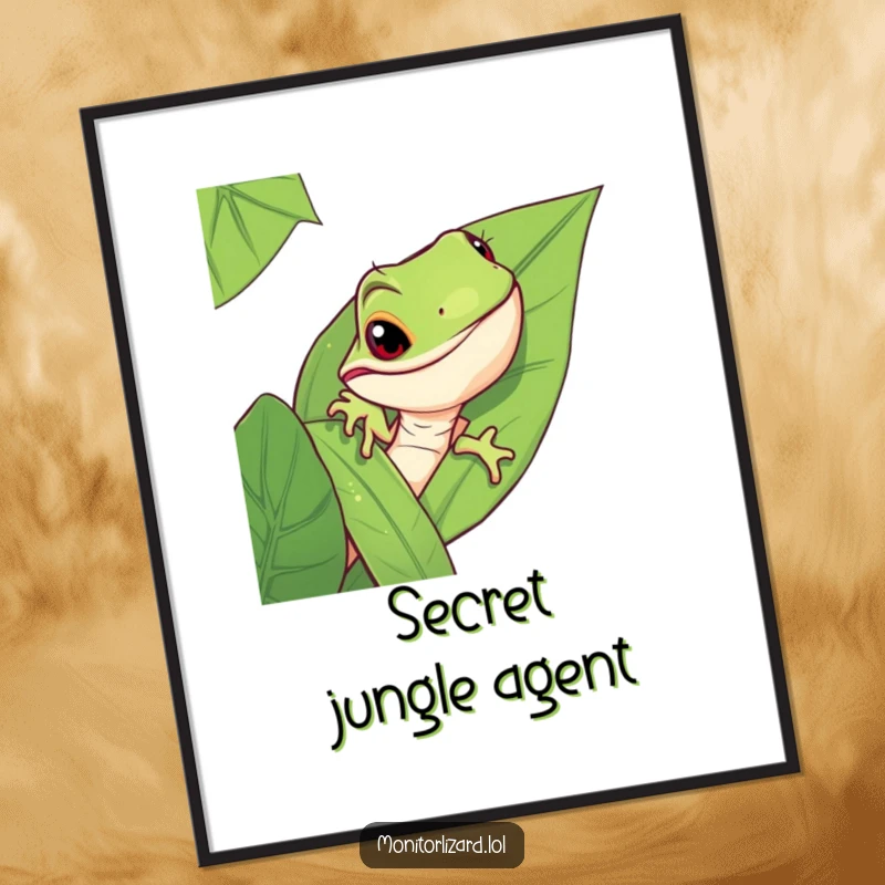 Funny monitor lizard poster featuring a mischievous lizard peeking out from behind a large, detailed jungle leaf.