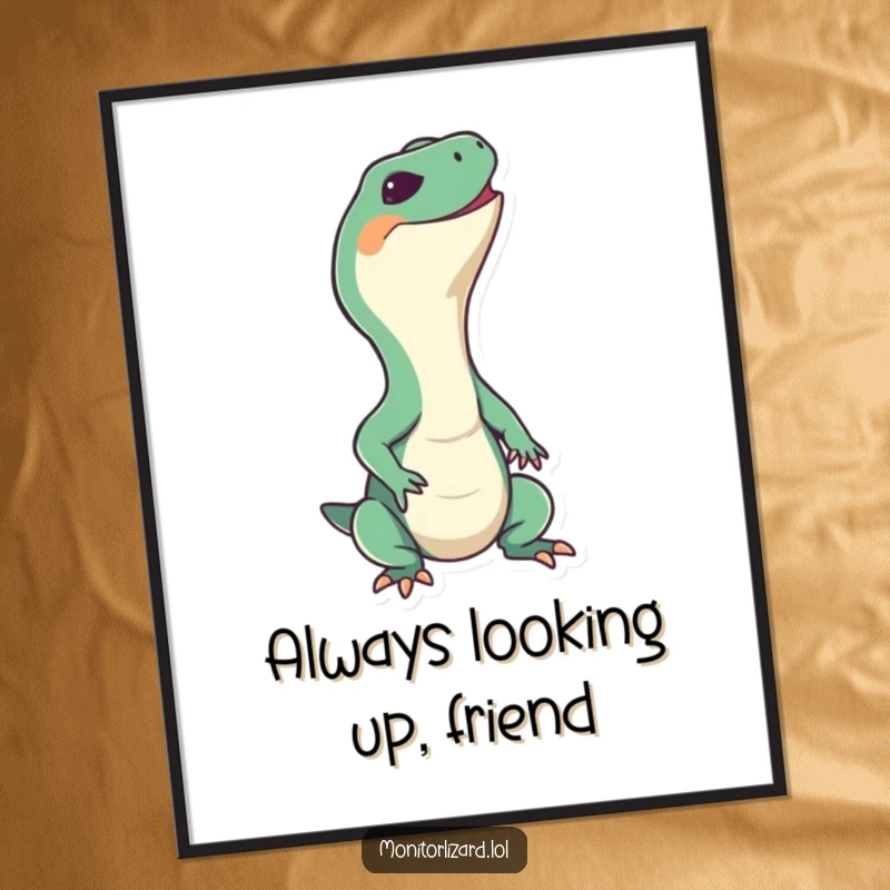 Funny Free Printable Wall Art of a happy monitor lizard character stretching its neck upwards with a joyful grin.