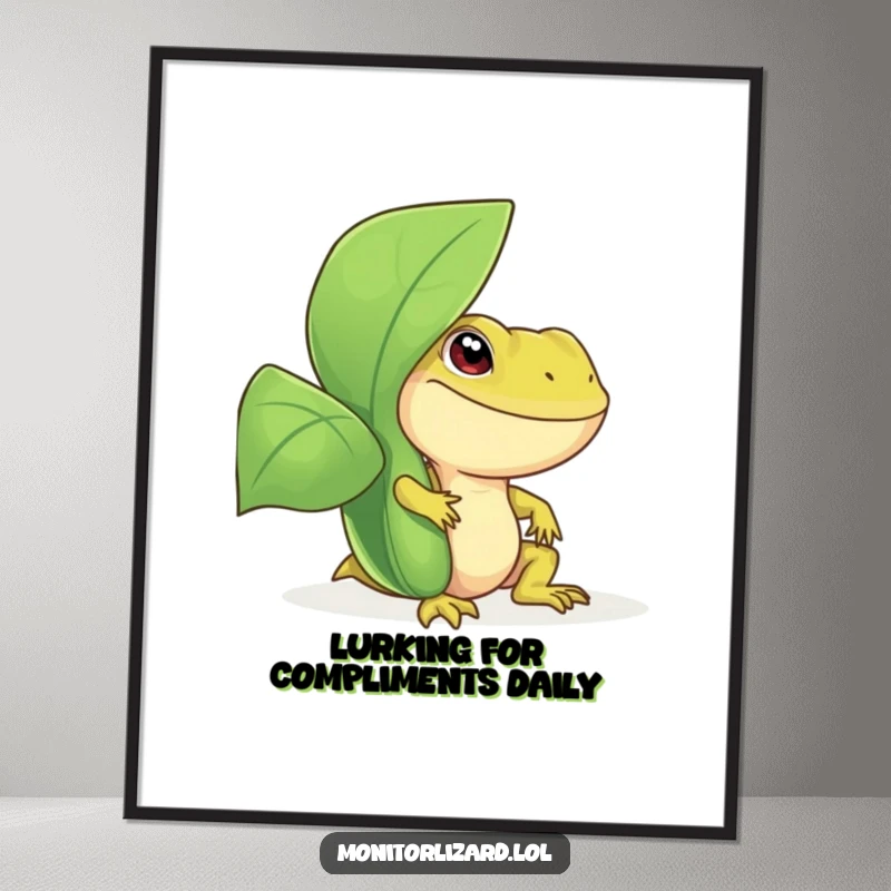 Funny Free Printable Wall Art of a smiling monitor lizard playfully peeking from behind a large, leafy plant.