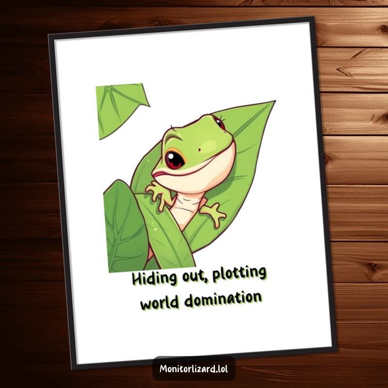 Funny Free Printable Wall Art: A mischievous monitor lizard peeking from behind a large, detailed jungle leaf, creating a humorous and eye-catching scene.