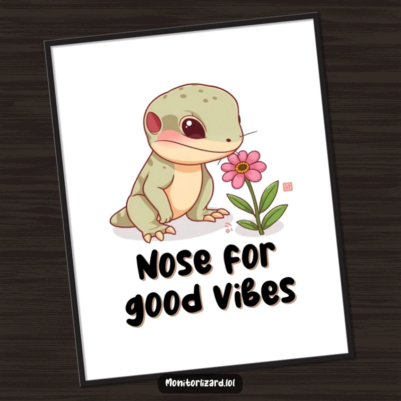 Funny Free Printable Wall Art of a curious monitor lizard character sniffing a tiny, colorful flower with fascination.
