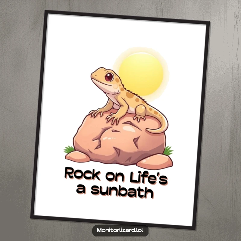 Funny Free Printable Wall Art of a happy monitor lizard basking on a sunny rock, radiating chill vibes.