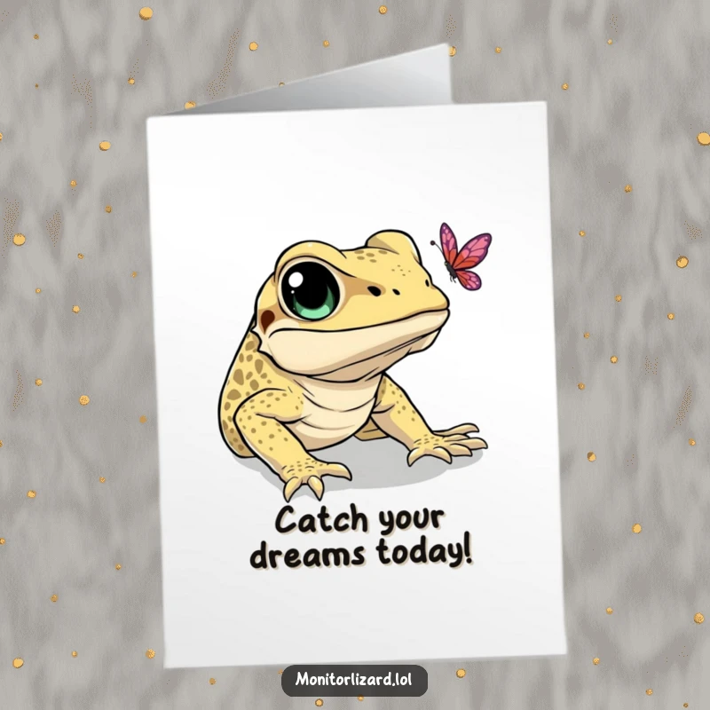 Funny Free Printable Birthday Card depicting a monitor lizard with big eyes chasing a butterfly, full of playful energy.