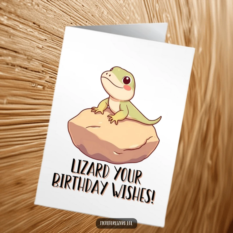 Funny Free Printable Birthday Card: A cute monitor lizard happily sunbathes on a warm rock, wishing a relaxed and joyful birthday.