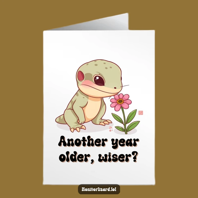 Free Printable Birthday Card: Curious Lizard Sniffing Flower - Whimsical Downloadable Greeting