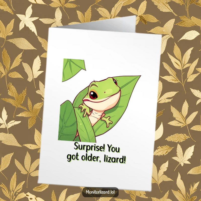 Funny Free Printable Birthday Card: A mischievous monitor lizard peeking slyly from behind a large, vibrant green jungle leaf, plotting birthday fun.