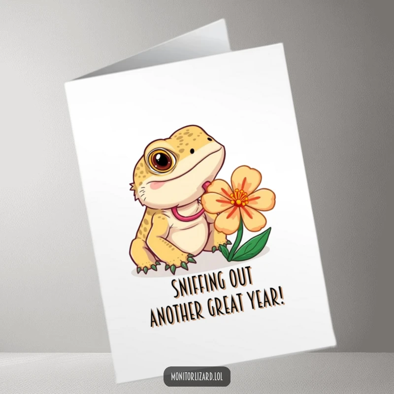 Funny Free Printable Birthday Card: A curious monitor lizard flicks its tongue while examining a vibrant, colorful flower, full of birthday intrigue.