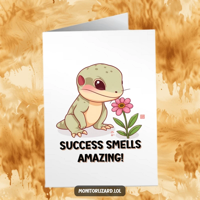 Free Printable Congratulations Card displaying a curious monitor lizard character sniffing a small, vibrant flower.