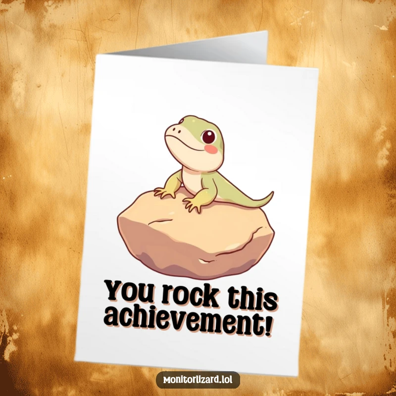Funny Free Printable Congratulations Card: A happy monitor lizard enjoys the sun on a warm rock, celebrating their success.
