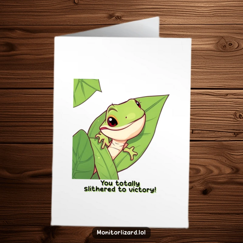 Funny Free Printable Congratulations Card: A mischievous monitor lizard peeking from behind a lush jungle leaf, celebrating success with a sly look.