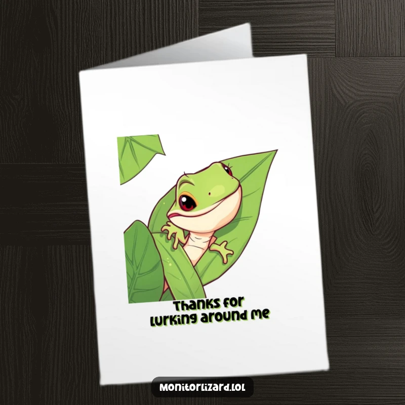 Funny Free Printable Thank You Card: A mischievous monitor lizard peeking from behind a large jungle leaf, offering a sly and humorous thank you.