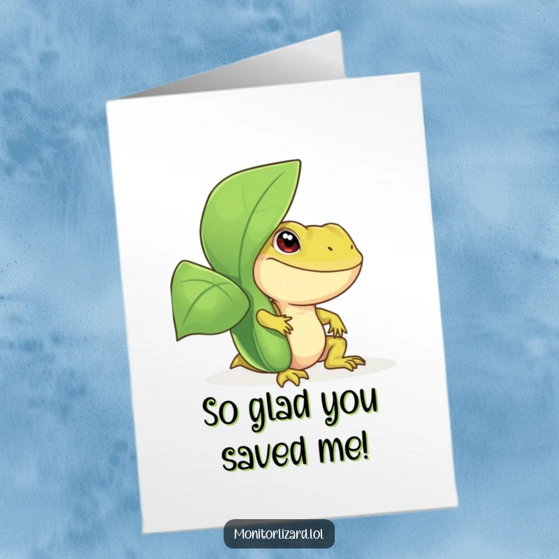 Funny Free Printable Thank You Card showcasing a happy monitor lizard peeking out from a large, green plant.