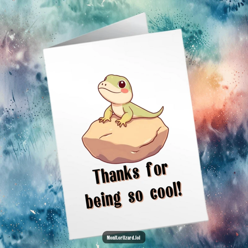 Funny Free Printable Thank You Card: A cute monitor lizard happily sunbathes on a smooth rock, conveying warm, humorous thanks.