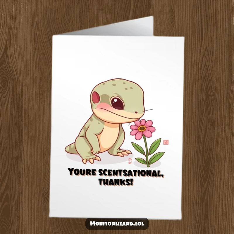 Free Printable Thank You Card with a curious monitor lizard character gently sniffing a tiny, colorful flower.