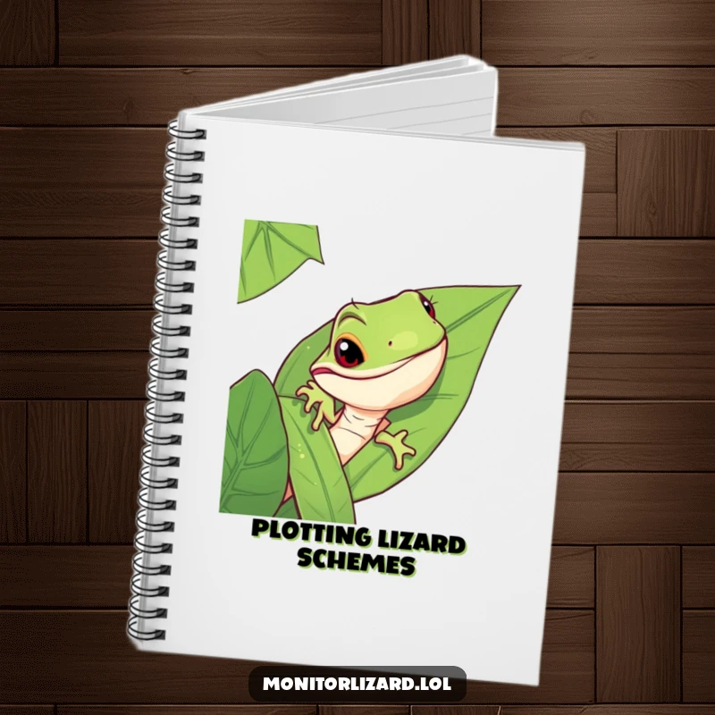 Funny monitor lizard notebook with a mischievous lizard peeking from behind a jungle leaf, perfect for note-taking.