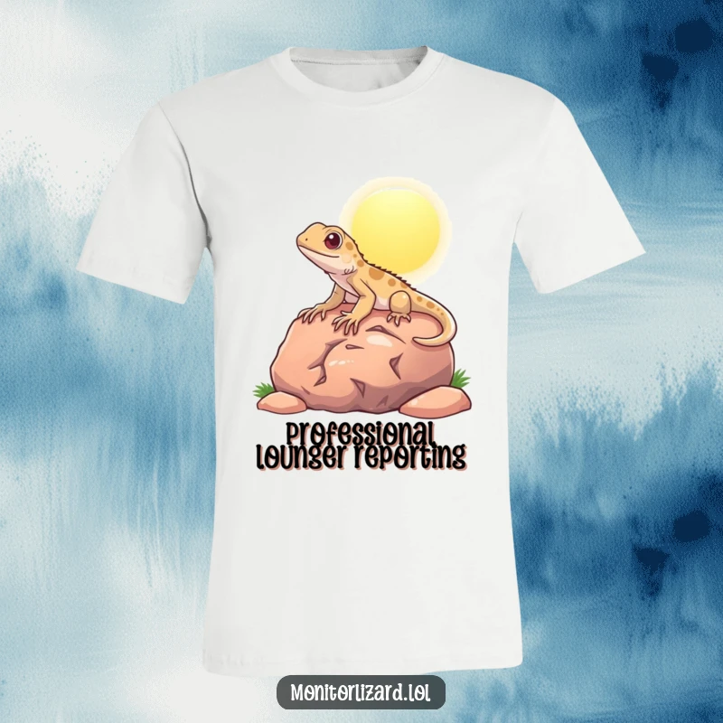 Funny t-shirt with a content monitor lizard lounging on a warm rock, showcasing a relaxed and happy reptile.