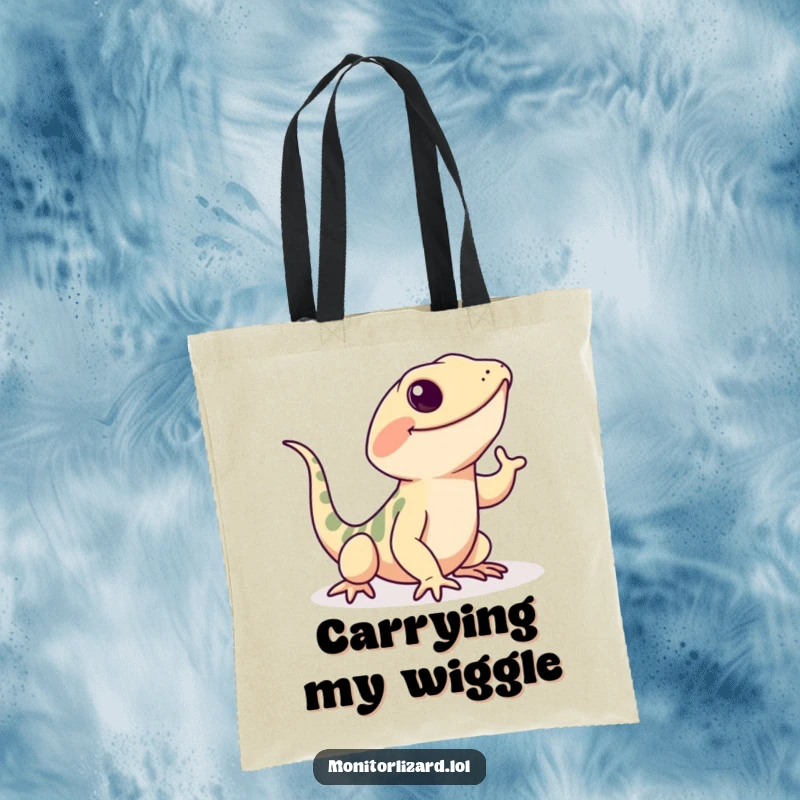 Funny monitor lizard tote bag showing a playful lizard doing a happy wiggle with its tail, practical and fun.