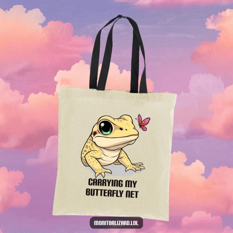 Funny tote bag illustrating a monitor lizard with eager eyes, humorously trying to catch a butterfly. A whimsical carry-all.